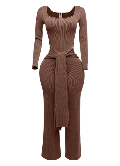 Plus Size Ribbed long sleeve jumpsuit with tie