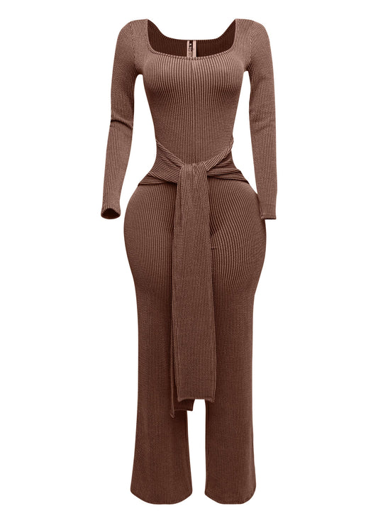 Plus Size Ribbed long sleeve jumpsuit with tie