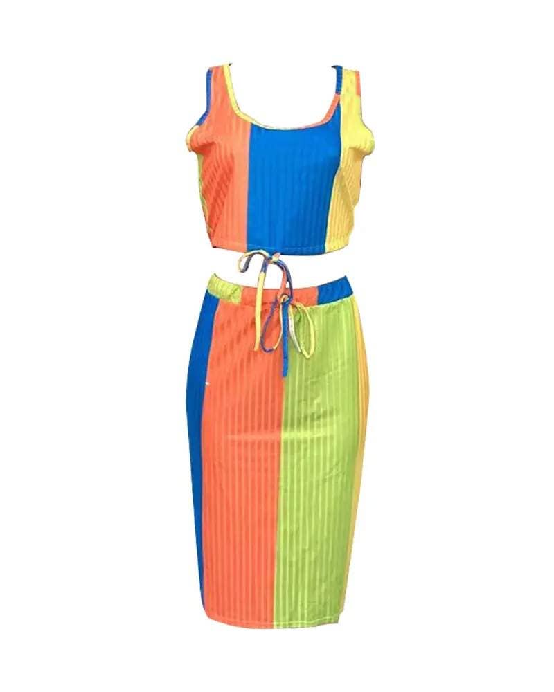 Plus size colorblock ribbed crop top skirt set rainbow