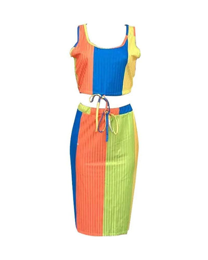 Plus size colorblock ribbed crop top skirt set rainbow