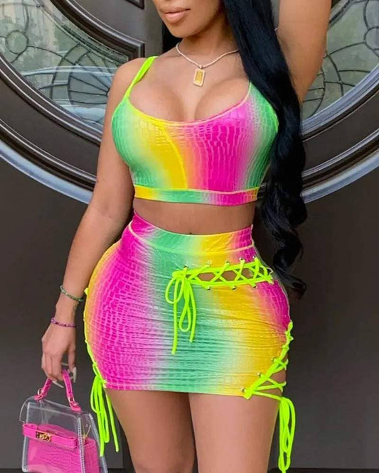 Gradient color crop top eyelet lace up skirt set