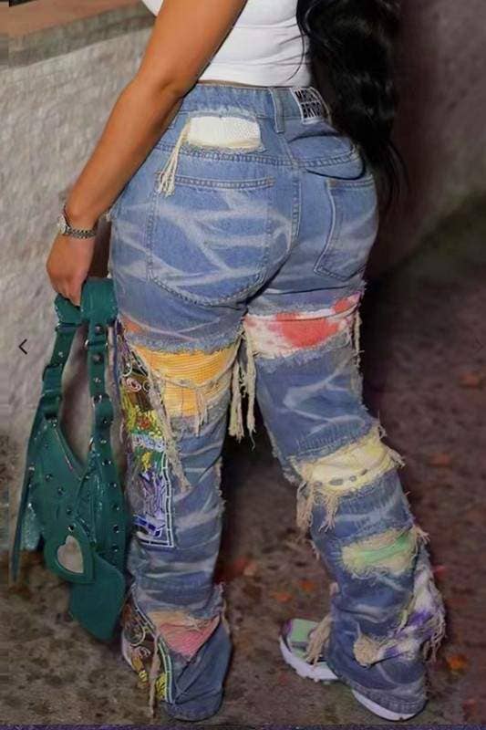Ripped cutout long jeans women