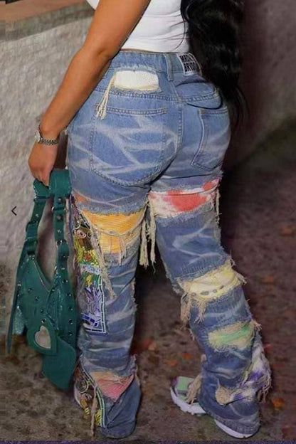 Ripped cutout long jeans women