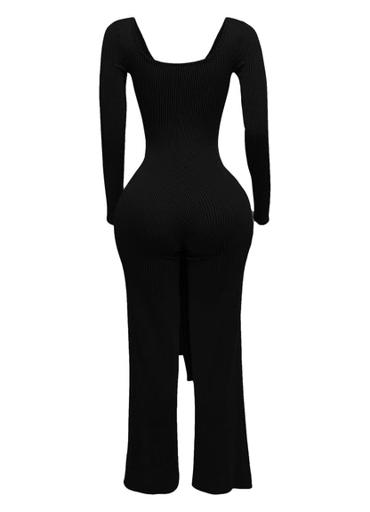 Plus Size Ribbed long sleeve jumpsuit with tie