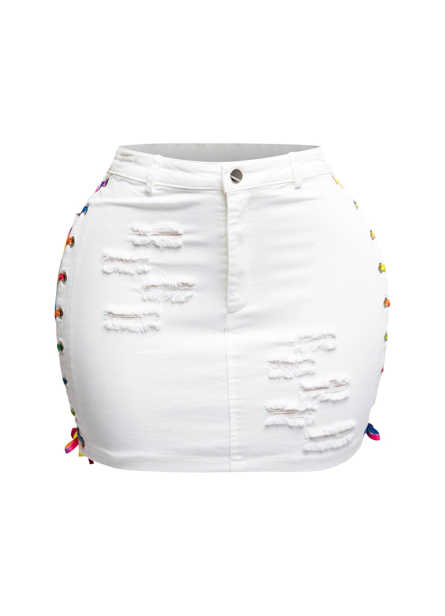 Distressed Denim Skirt With Rainbow Shoe Lace Up