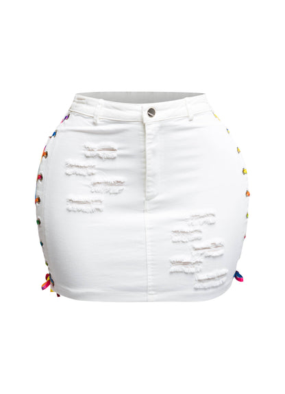 Distressed Denim Skirt With Rainbow Shoe Lace Up