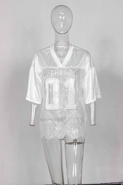 Rhinestone lace patchwork jersey