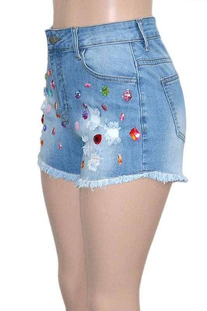 Color gem ripped denim shorts