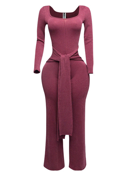Plus Size Ribbed long sleeve jumpsuit with tie