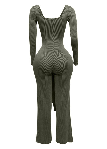 Plus Size Ribbed long sleeve jumpsuit with tie