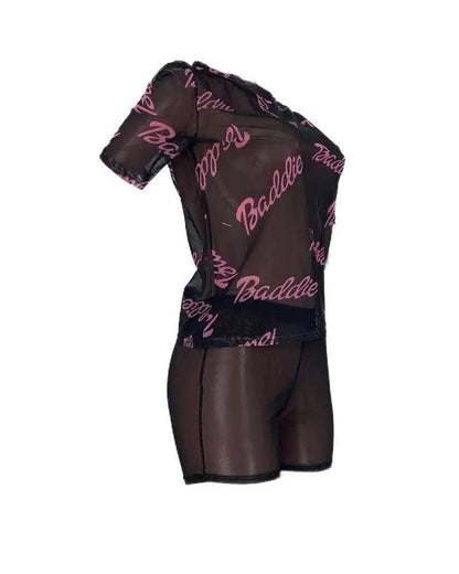Letter print sheer mesh top shorts set