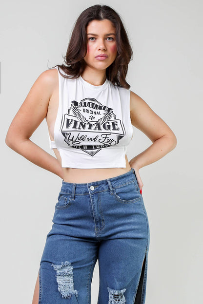 Fashion casual print hollowed out o neck tops vintage