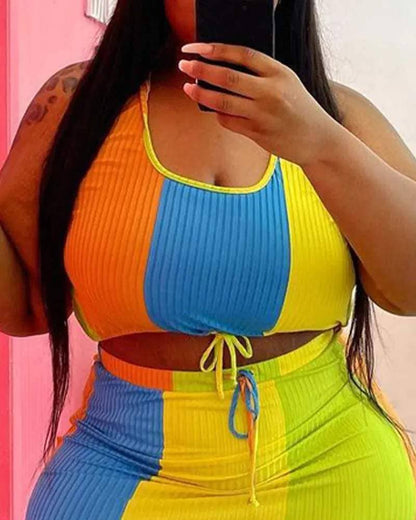 Plus size colorblock ribbed crop top skirt set rainbow