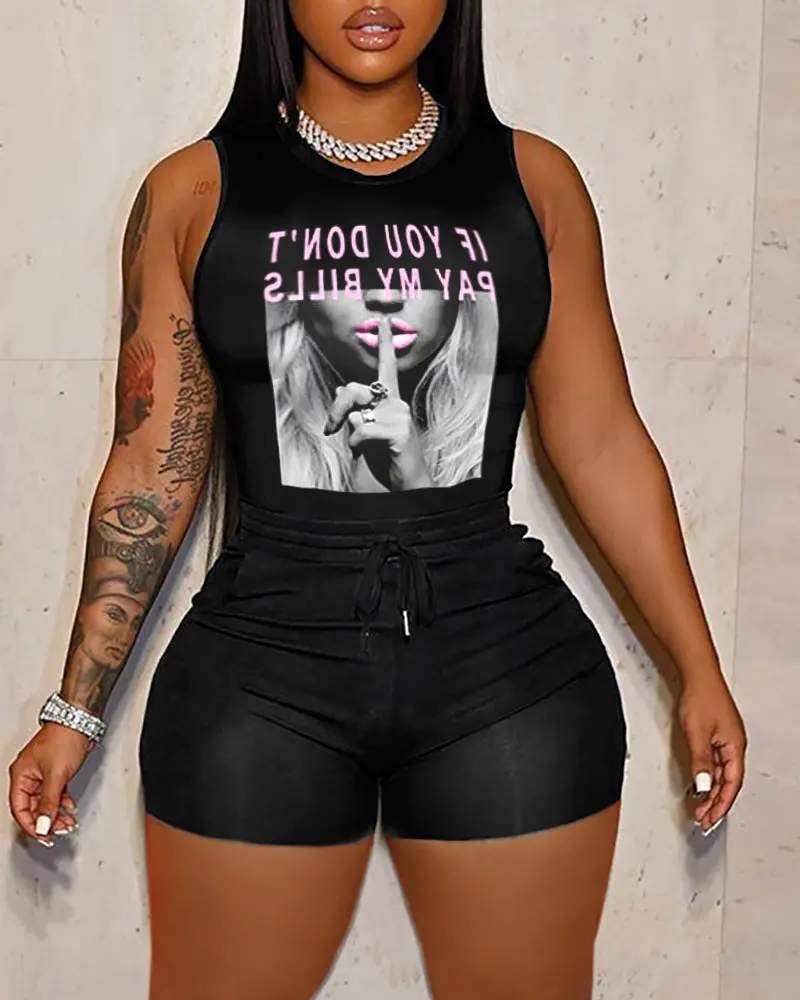 Slogan print tank top drawstring shorts set if you don’t