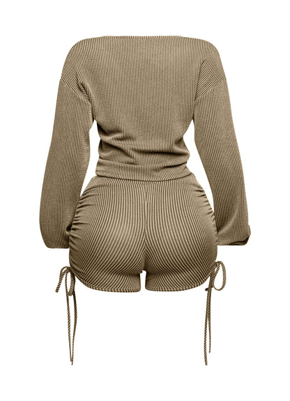 Ruched drawstring crop top & shorts set